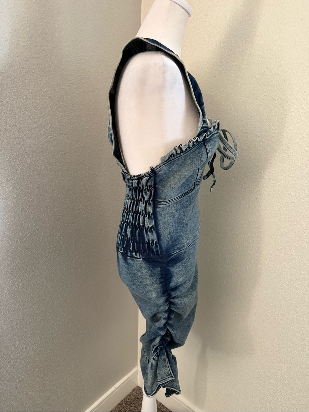 Acid Wash Denim Ruched Corset Ruffle Bodycon Mini Dress One Size NWT - Picture 5 of 8